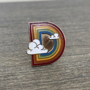 Vintage Letter D Monogram Initial Retro Rainbow & Clouds Metal Brooch Pin